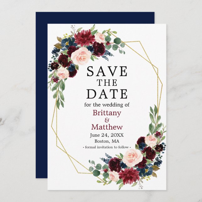 Save The Date Aquarelle Bourgogne Floral Geo Frame bleu (Devant / Derrière)