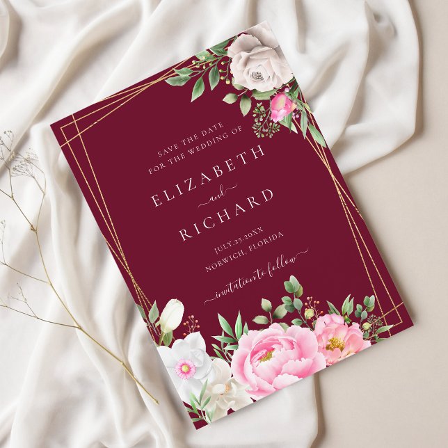 Save The Date Aquarelle Bourgogne Floral Or Mariage géométrique (Créateur téléchargé)