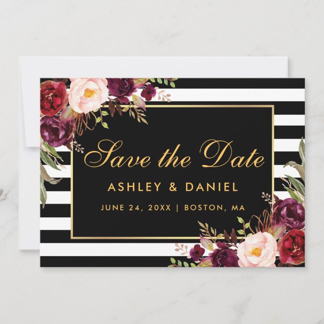Save The Date Aquarelle Bourgogne Florale rayée (Devant)