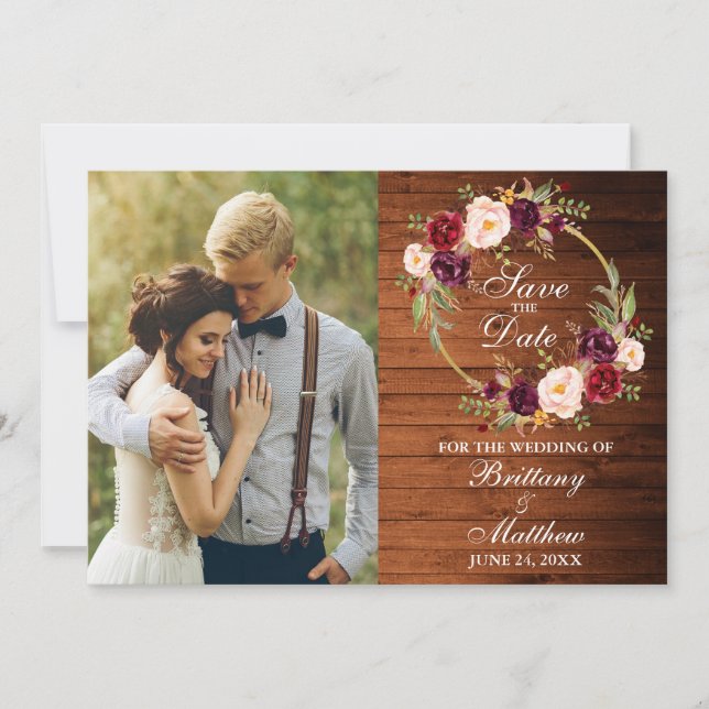 Save The Date Aquarelle Bourgogne Florale Wreath Bois rustique (Devant)