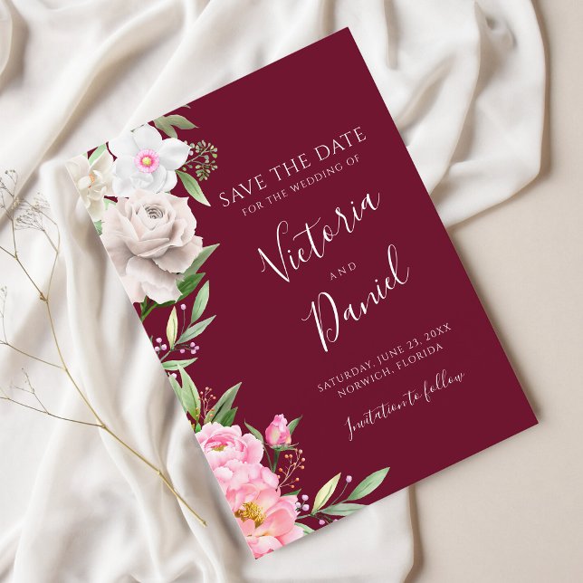 Save The Date Aquarelle Bourgogne Mariage Floral Enregistrer La  (Créateur téléchargé)