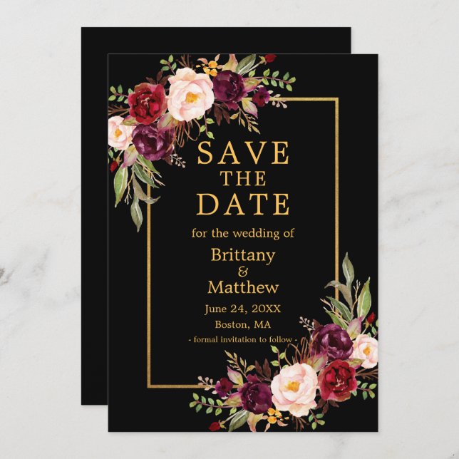 Save The Date Aquarelle Bourgogne Rose Black Gold Frame (Devant / Derrière)