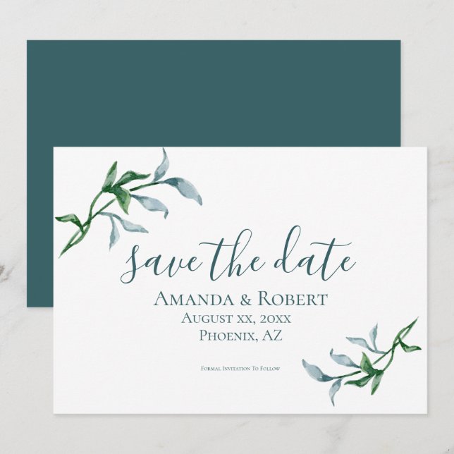 Save The Date Aquarelle Branches florales, Bleu, Vert, Mariage (Devant / Derrière)