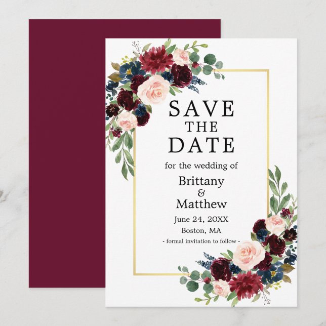 Save The Date Aquarelle Burgundy Bleu Floral Or (Devant / Derrière)