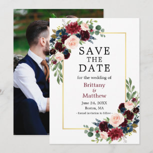 Save The Date Aquarelle Burgundy Bleu Floral Photo Gold Frame