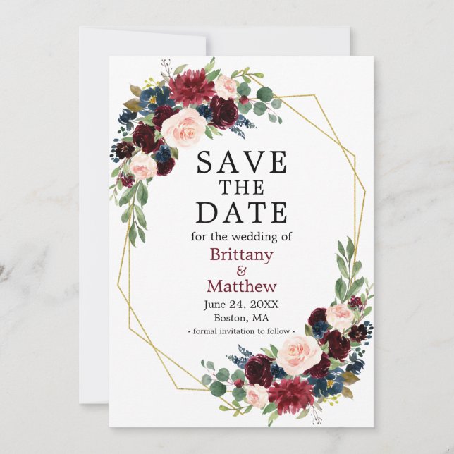 Save The Date Aquarelle Burgundy Blue Floral Geo Frame (Devant)