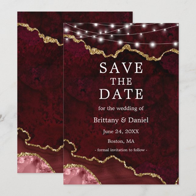 Save The Date Aquarelle Burgundy Gold Marble Lumières (Devant / Derrière)