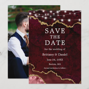 Save The Date Aquarelle Burgundy Marble Geode Lumières Photo