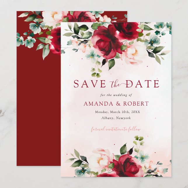 Save The Date Aquarelle Burgundy moderne Mariage Floral (Devant / Derrière)