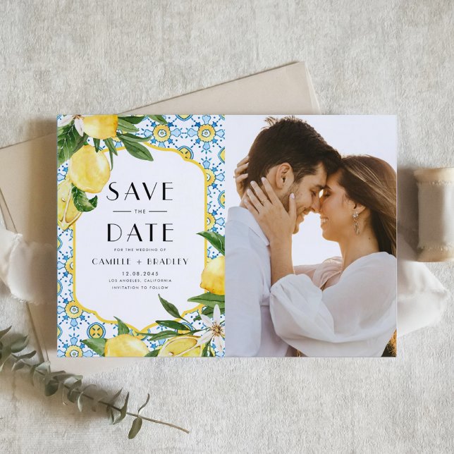 Save The Date Aquarelle Citron et carreaux marocains QR Code Pho (Watercolor Lemons and Moroccan Tile Pattern QR Code Photo Save The Date Announcement)