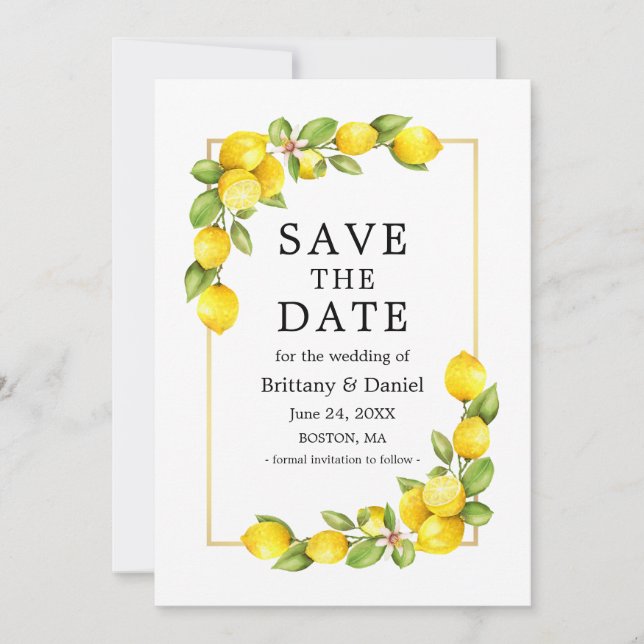 Save The Date Aquarelle Citrons Vert Or Cadre (Devant)