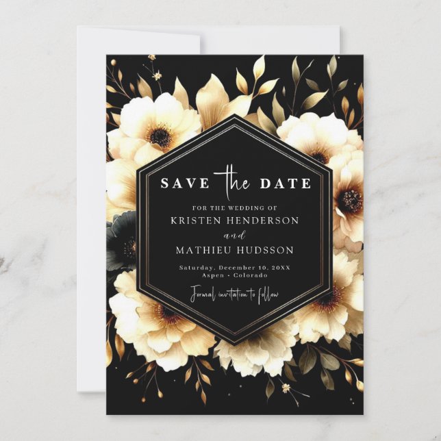 Save The Date Aquarelle classique or et Mariage noir (Devant)