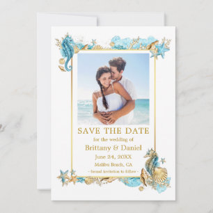 Save The Date Aquarelle Coquillages Corail Côte Bleu Or