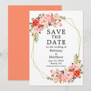 Save The Date Aquarelle Coral Roses Geo Frame