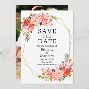 Save The Date Aquarelle Coral Roses Photo Geo Frame