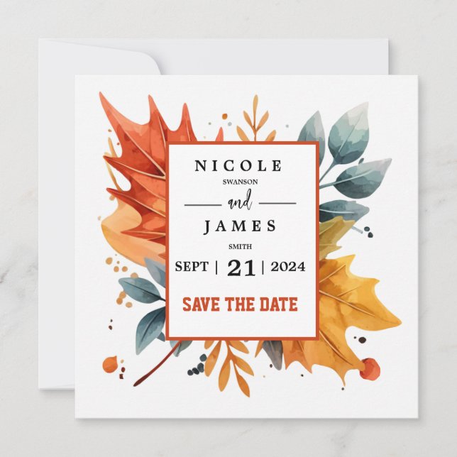 Save The Date Aquarelle Couleurs d'Automne Feuilles (Devant)