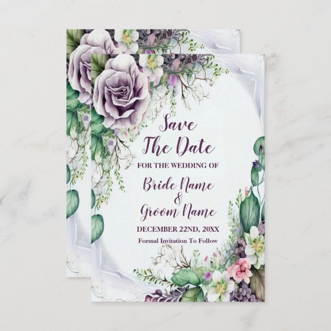 Save The Date Aquarelle de feuillage vert mariage violet (Devant / Derrière)