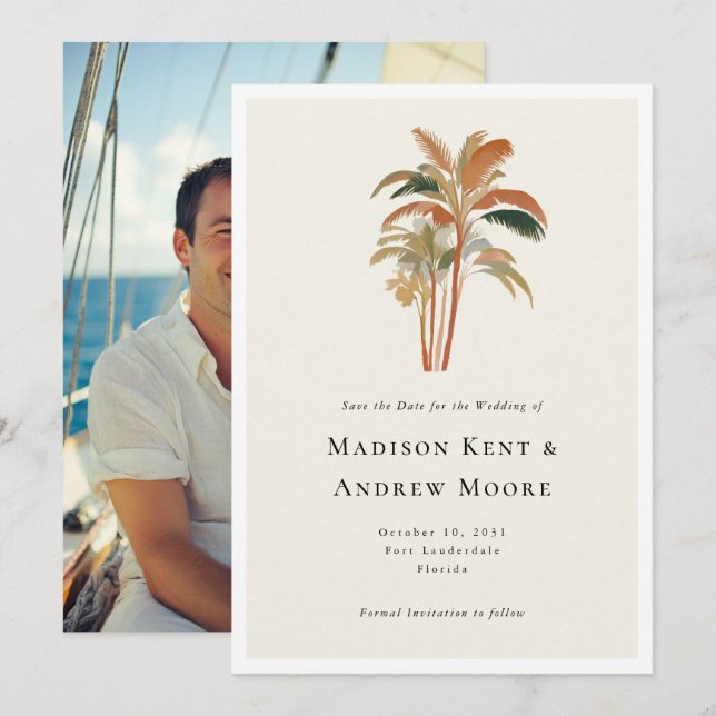 Save The Date Aquarelle de palmiers tropicaux Mariage photo (Devant / Derrière)
