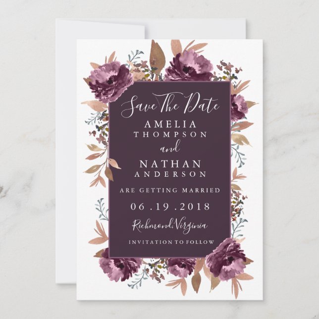 Save The Date Aquarelle de pourpre Bloom Enregistrer la date Inv (Devant)