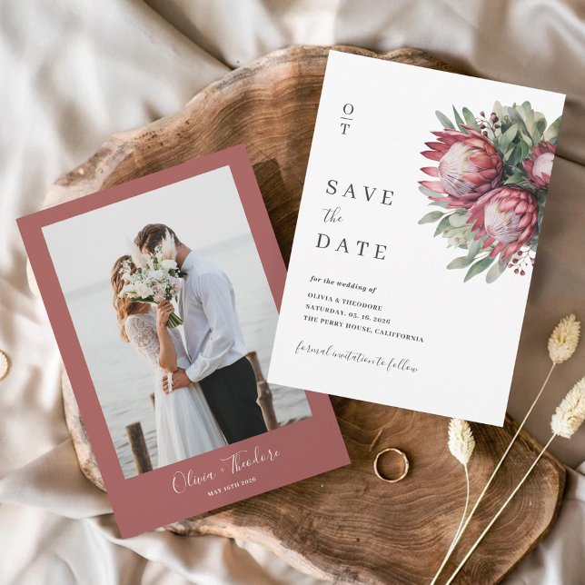 Save The Date Aquarelle de Protea autochtone Boho floral Botaniq (Créateur téléchargé)
