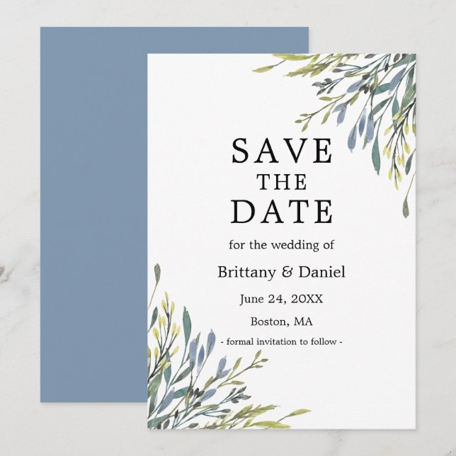 Save The Date Aquarelle délicate Botanique Verdure Dusty Blue (Devant / Derrière)