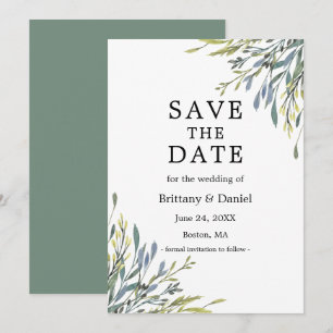 Save The Date Aquarelle délicate Botanique Vert Sage