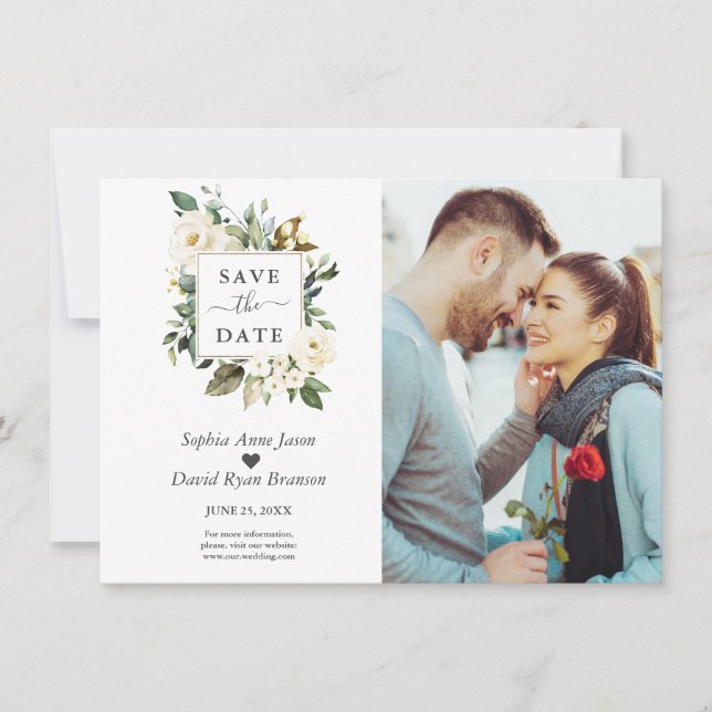 Save The Date Aquarelle délicate Fleurs blanches Mariage photo (Devant)