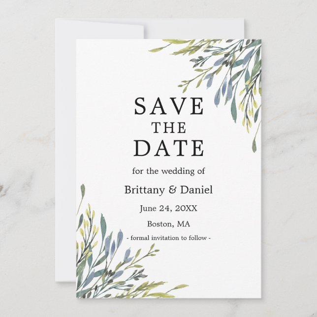 Save The Date Aquarelle délicate Verdure botanique (Devant)