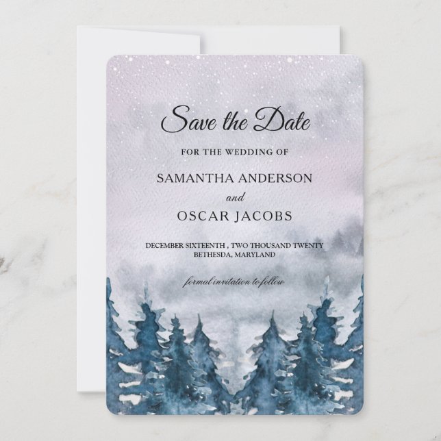 Save The Date Aquarelle d'hiver moderne Forêt Bleu Sauvons La Da (Devant)