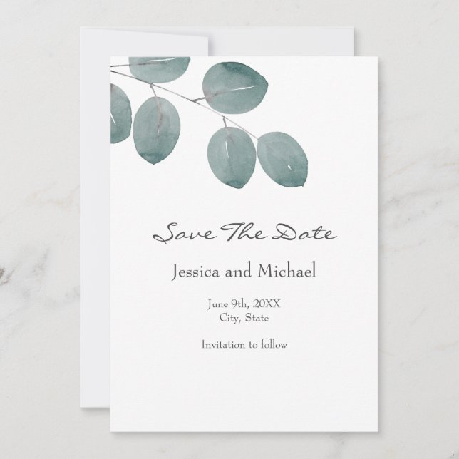 Save The Date Aquarelle Dollar d'argent Feuilles Eucalyptus (Devant)