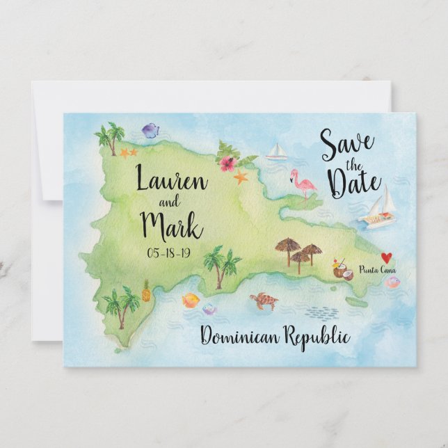 Save The Date Aquarelle Domincan Republic Map Enregistrer la dat (Devant)