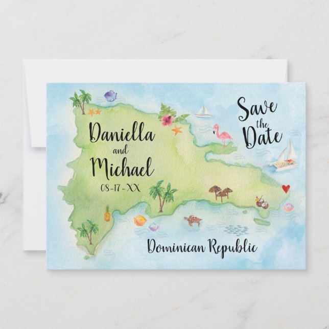 Save The Date Aquarelle Domincan Republic Map Enregistrer la dat (Devant)