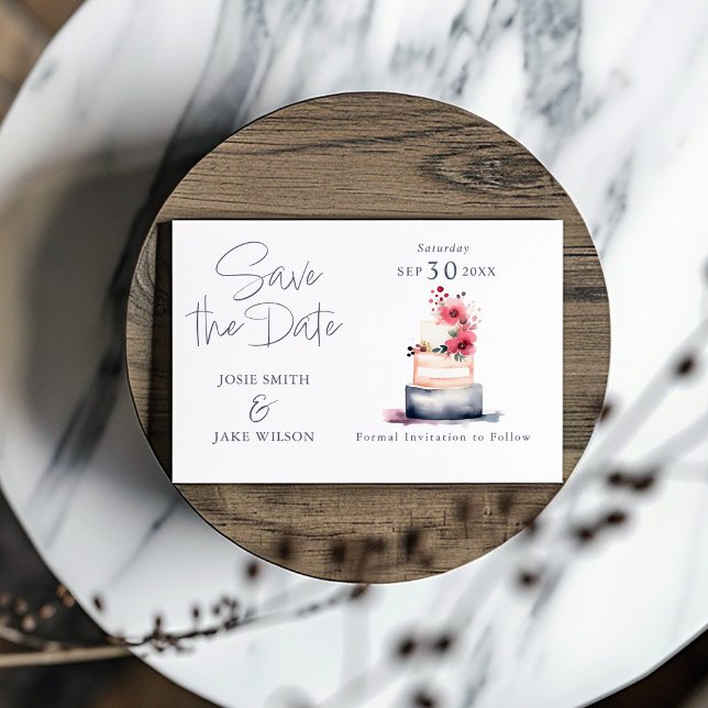 Save The Date Aquarelle douce gâteau mariage pastel enregistrer  (Watercolor tiered wedding cake with pinks, fun and bright Save the Date card)