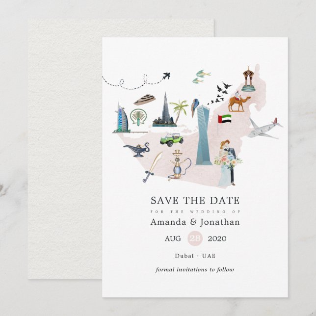 Save The Date Aquarelle Dubai EAU Destination Mariage Enregistre (Devant / Derrière)