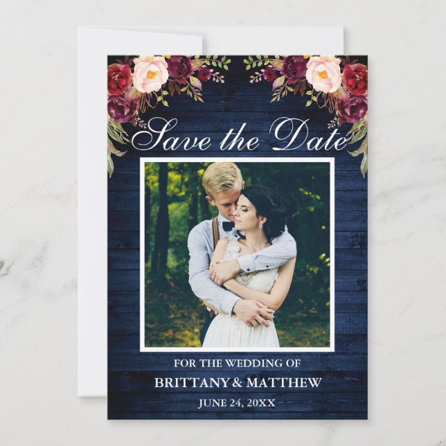 Save The Date Aquarelle en bois bleu rustique Bourgogne (Devant)