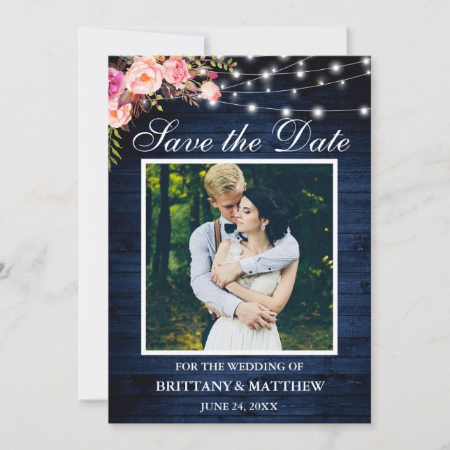 Save The Date Aquarelle en bois bleu rustique Lumières florales  (Devant)