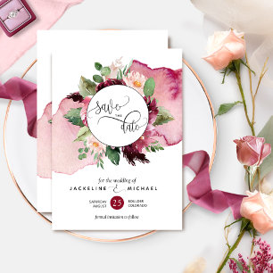 Save The Date Aquarelle et Mariage floral bordeaux et bleu