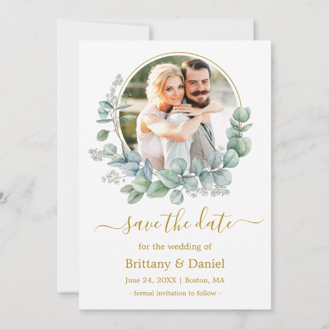 Save The Date Aquarelle Eucalyptus Feuille cadre rond Or (Devant)