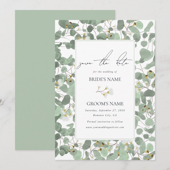 Save The Date Aquarelle Eucalyptus Mariage de fleurs vertes (Devant / Derrière)