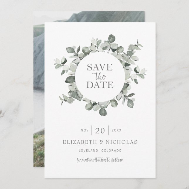 Save The Date Aquarelle Eucalyptus Mariage Photo Enregistrer la  (Devant / Derrière)