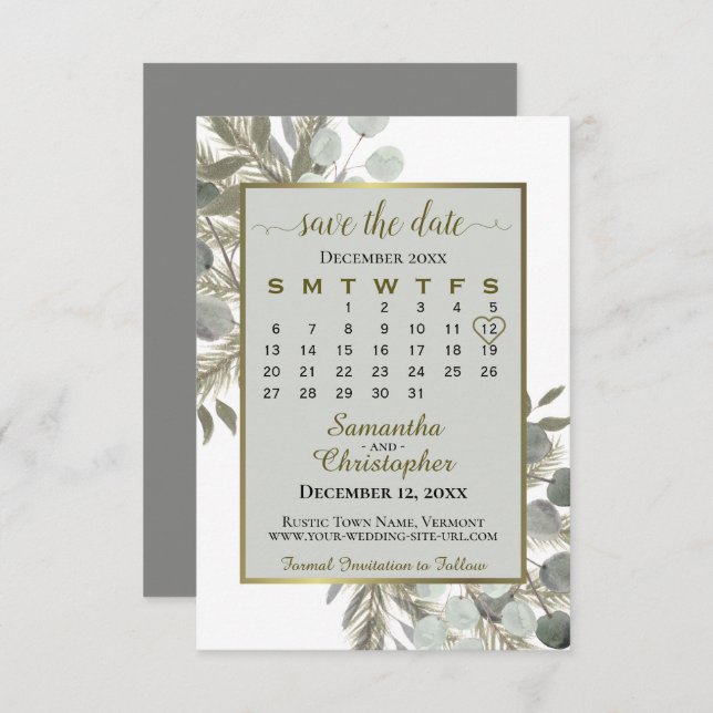 Save The Date Aquarelle Eucalyptus Pine Calendrier Gris Mariage (Devant / Derrière)