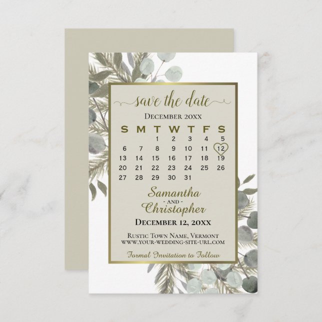 Save The Date Aquarelle Eucalyptus Pine Calendrier Taupe Mariage (Devant / Derrière)