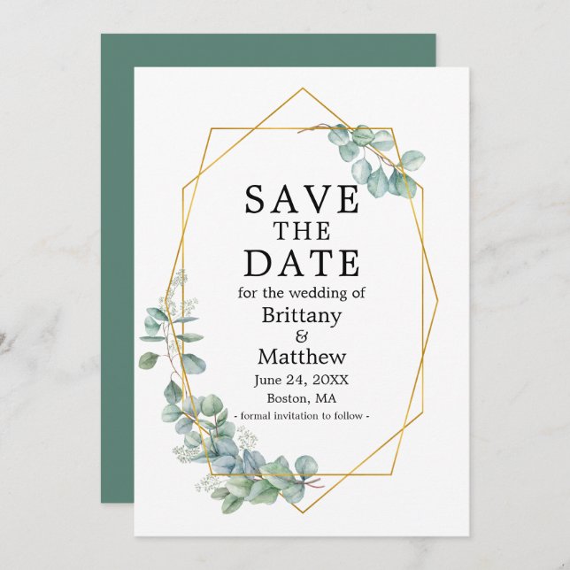Save The Date Aquarelle Eucalyptus Vert Geo Cadre (Devant / Derrière)