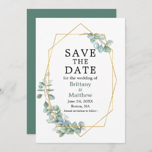 Save The Date Aquarelle Eucalyptus Vert Geo Cadre vert