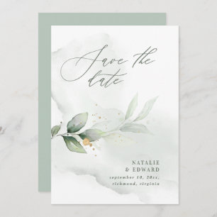 Save The Date Aquarelle feuillage et mariage d'or métallique