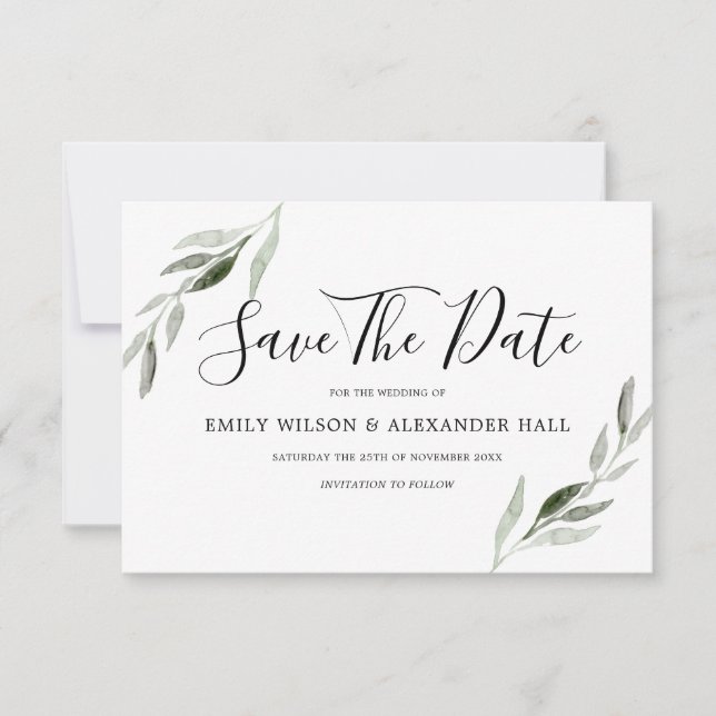 Save The Date Aquarelle Feuille verte Mariage moderne (Devant)