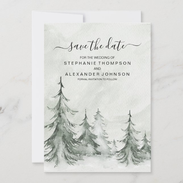 Save The Date Aquarelle Fir Trees Mariage d'hiver (Devant)