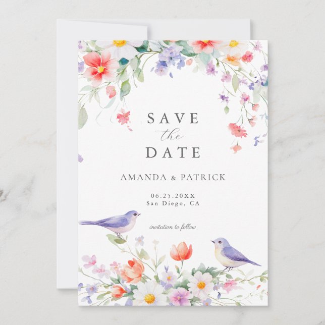 Save The Date Aquarelle fleur sauvage Botanique Printemps Mariag (Devant)