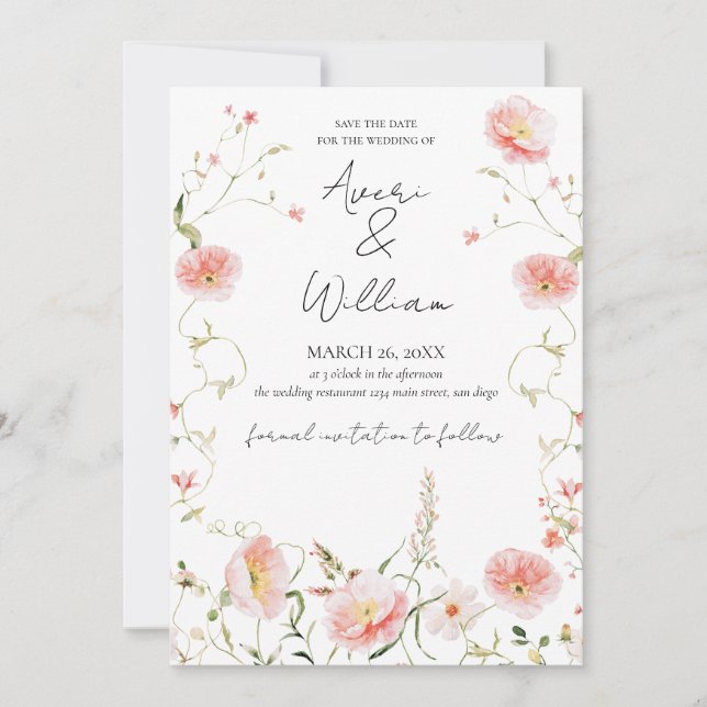 Save The Date Aquarelle Fleur Sauvage Moderne Boho Mariage (Devant)