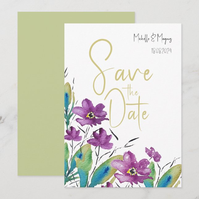 Save The Date Aquarelle Fleur sauvage violet artistique (Devant / Derrière)